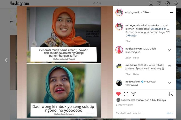 Unggahan foto kemiripan Wakil Gubernur Lampung, Chusnunia Chalim dengan karakter Bu Tejo di film Tilik. (FOTO: Tangkapan layar/Instagram)
