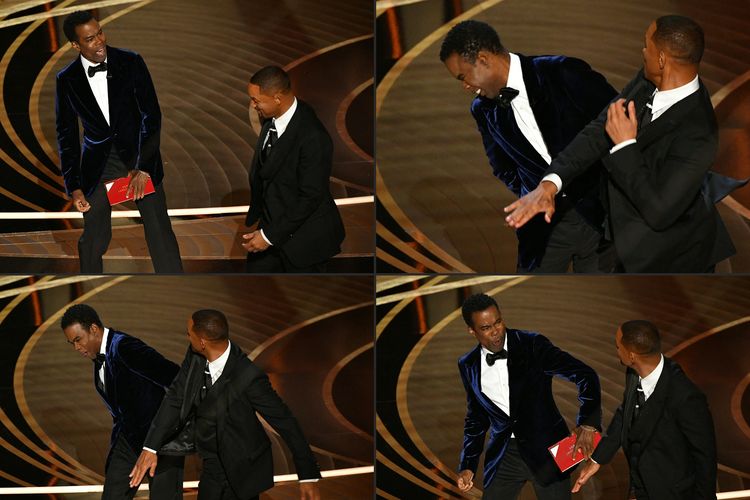 Kolase foto rentetan adegan Will Smith menampar Chris Rock di panggung Academy Awards 2022, Senin (28/3/2022).