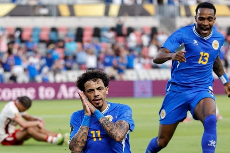 Jeremy Antonisse merayakan gol dalam pertandingan Grup B Piala Emas CONCACAF 2025 Curacao vs Kanada di Stadion Shell Energy pada 21 Juni 2025 di Houston, Texas.Tim Warner/Getty Images/AFP (Photo by Tim Warner / GETTY IMAGES NORTH AMERICA / Getty Images via AFP)