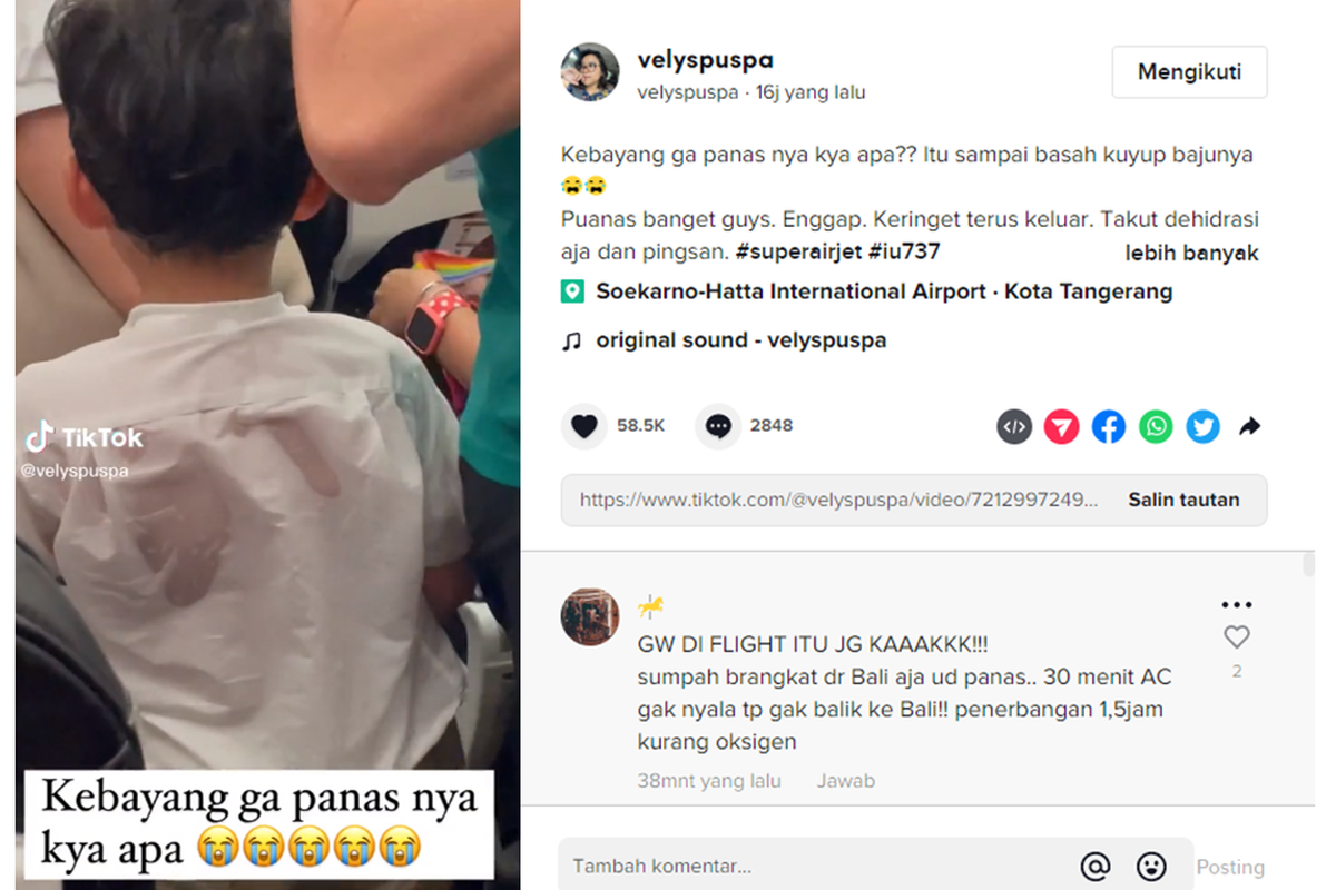 Tangkapan layar unggahan TikTok bernarasi penumpang pesawat Super Air Jet kepanasan di dalam pesawat hingga basah kuyup.