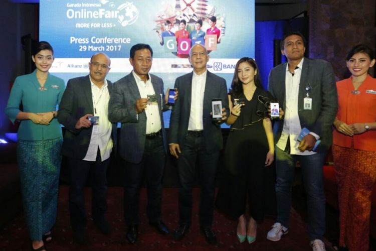 Konfrensi Pers Garuda Indonesia Online Travel Fair (GOTF) 2017 di Jakarta, Rabu (29/3/2017).