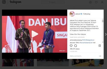 Presiden Joko Widodo mengucapkan selamat Hari Puisi Nasional melalui Instagram miliknya, Sabtu (28/4/2018).