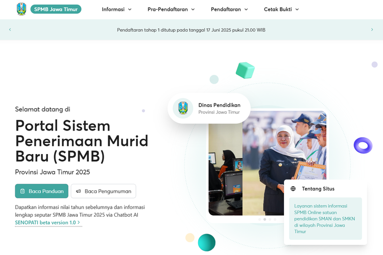 Tangakapan layar laman resmi SPMB Jatim 2025 Pengumuman dan Daftar Ulang.