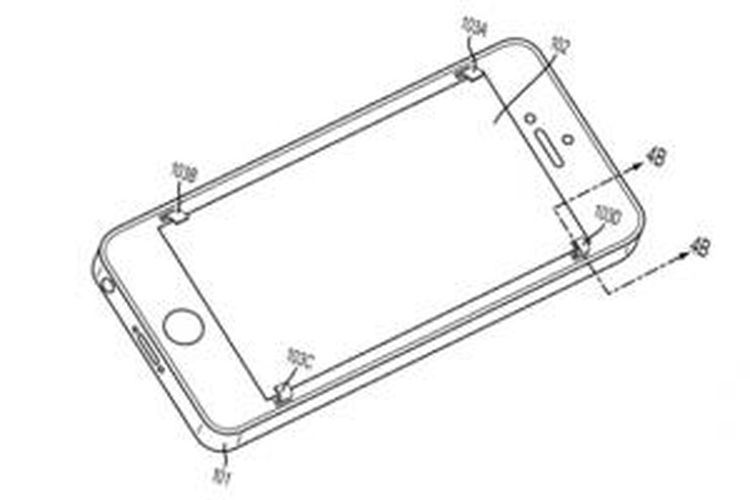 Ilustrasi mekanisme teknologi pengaman layar iPhone dalam dokumen paten yang diajukan oleh Apple