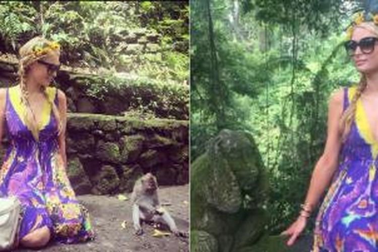 Foto-foto Paris Hilton saat berkunjung ke Monkey Forest, Gianyar, Bali yang diunggah di Instagram.