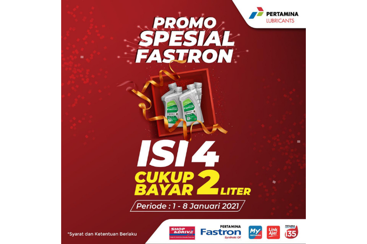  Pertamina Lubricants gelar promo Isi 4 Bayar 2 untuk produk Fastron Techno 10W-40 pada 1-8 Januari 2021. 
