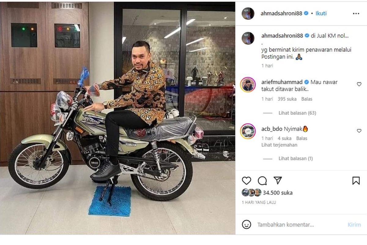 Politisi Ahmad Sahroni memajang RX-King koleksinya di laman Instagram pribadi