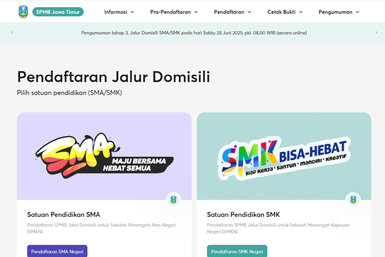 Tangakapan layar laman pendaftaran SPMB Jatim 2025 jalur Domisili untuk SMA dan SMK