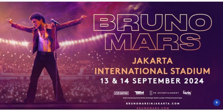 Poster konser Bruno Mars di Jakarta pada 13-14 September 2024. Lantas, bagaimana cara dan berapa harga tiket konser Bruno Mars di Jakarta.