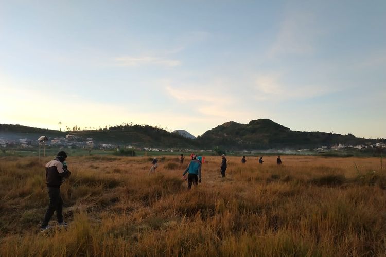 Wisatawan berburu fenomena embun es di lapangan kompleks Candi Arjuna, Dieng, Kabupaten Banjarnegara, Jawa Tengah, Minggu (23/6/2019).