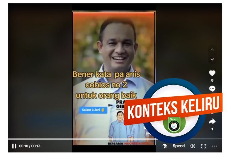 Tangkapan layar akun TikTok narasi yang menyebut Anies mengajak memilih nomor 2