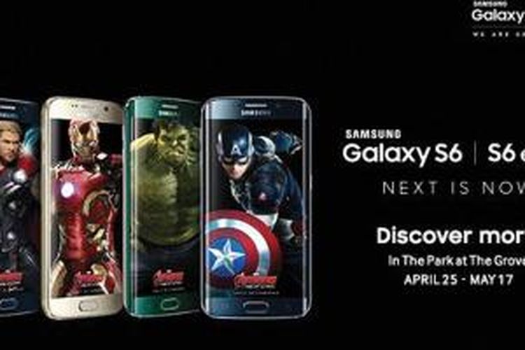 Smartphone Samsung Galaxy S6 dengan tema Avengers.