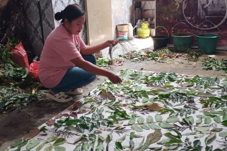 Siti Mutdrika (41) menyiapkan bahan-bahan yang akan digunakan untuk mencetak dengan bahan alami atau ecoprint