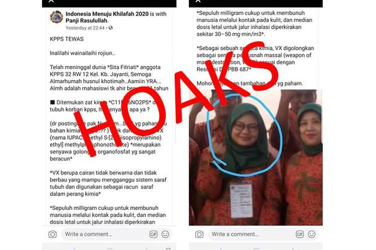 Hoaks anggota KPPS di Bandung, Sita Fitriati meninggal dunia karena diracun zat VX.