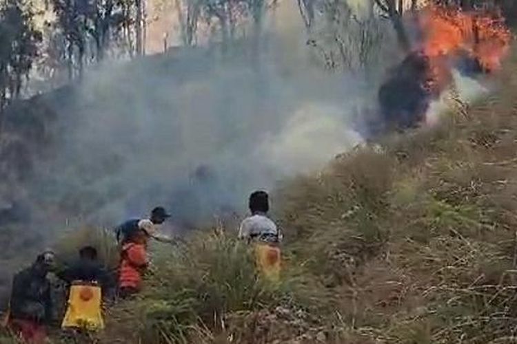 Relawan menggunakan pompa punggung pemadam kebakaran lahan berkapasitas 20 liter untuk memadamkan api.