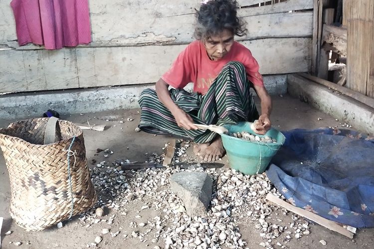 Mama Regina Roghong (66) sedang memecah-mecahkan kemiri untuk dijual demi membeli beras untuk merawat anaknya yang lumpuh layu di Kampung Mesi, Dusun Mesi, Desa Ranakolong, Kecamatan Kota Komba, Kabupaten Manggarai Timur, NTT, Sabtu, (17/11/2023). (KOMPAS.com/MARKUS MAKUR)