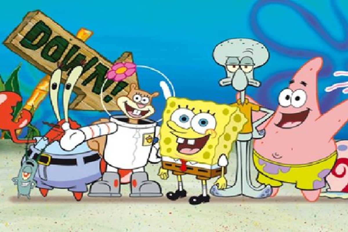 Para karakter dalam film kartun SpongeBob SquarePants (kiri ke kanan): Plankton, Tuan Crab, Sandy, SpongeBob, Squidward, Patrick, dan Garry.