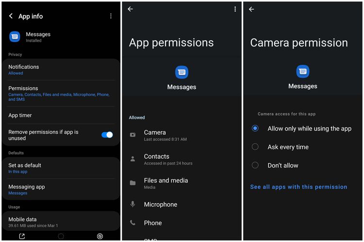 Langkah untuk melarang aplikasi Messages mengakses aplikasi kamera.