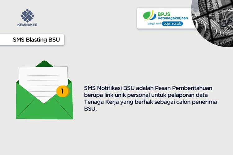 Ilustrasi SMS Blasting dari BPJS Ketenagakerjaan untuk pekerja yang mendapatkan Bantuan Subsidi Upah/Gaji (BSU).