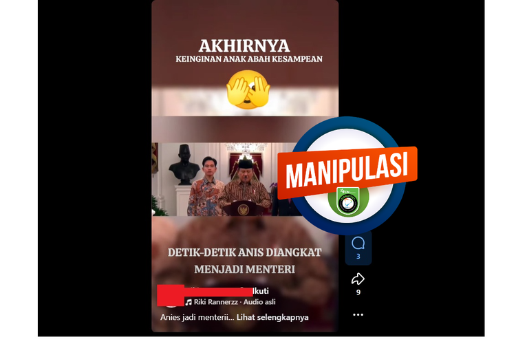 Tangkapan layar Facebook video yang mengeklaim Prabowo mengumumkan Anies Baswedan sebagai Menko Polkam