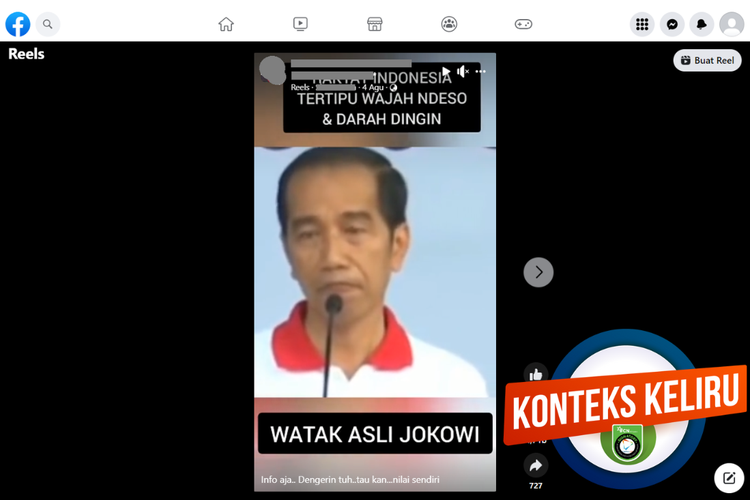 Tangkapan layar unggahan dengan konteks keliru di sebuah akun Facebook, 4 Agustus 2023, soal pernyataan Jokowi yang memerintahkan aparat untuk menembak sesuai undang-undang, yang dikaitkan dengan tragedi Kanjuruhan.