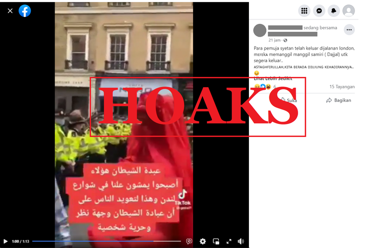 Tangkapan layar unggahan dengan narasi hoaks di sebuah akun Facebook, Rabu (28/9/2022), soal penyembah setan di jalanan London.