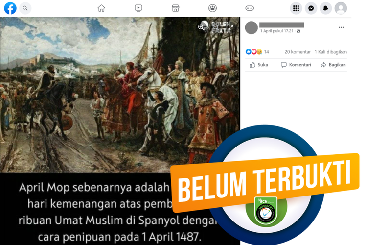 Tangkapan layar unggahan dengan narasi belum terbukti di sebuah akun Facebook, 1 April 2023, soal asal-usul April Mop dari perayaan pembantaian umat Islam di Spanyol.