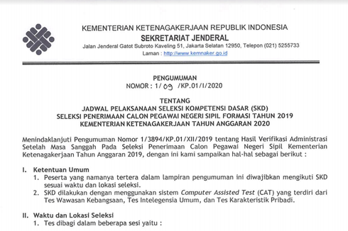 Catat, Ini Jadwal dan Lokasi Tes SKD CPNS 2019 Kemnaker