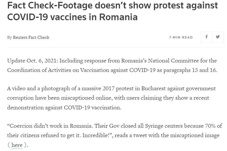 Tangkapan layar laman Reuters tentang Rumania menutup semua pusat vaksin