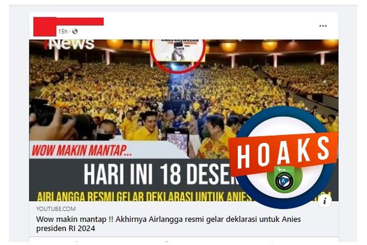 Tangkapan layar Facebook narasi yang menyebut Airlangga Hartarto mendeklrasikan dukungan kepada Anies Baswedan