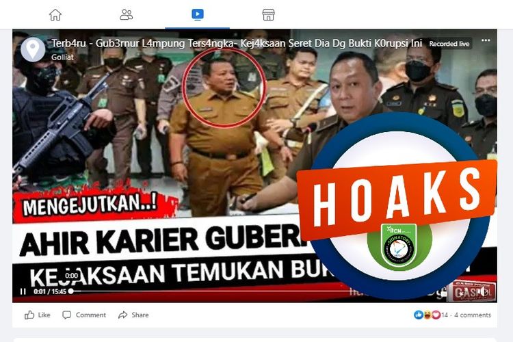 Tangkapan layar Facebook narasi yang menyebut Kejagung menetapkan Gubernur Lampung Arinal Djunaidi sebagai tersangka