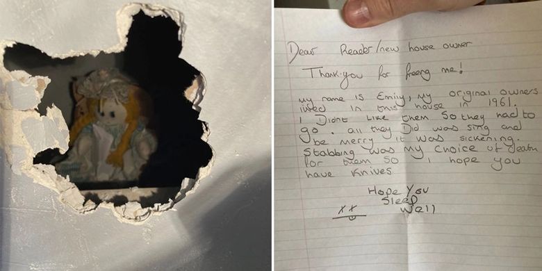 Sebuah boneka yang ditemukan di dalam dinding rumah oleh seorang pria di Inggris. Di dekatnya, si pemilik rumah menemukan pesan yang menyeramkan.