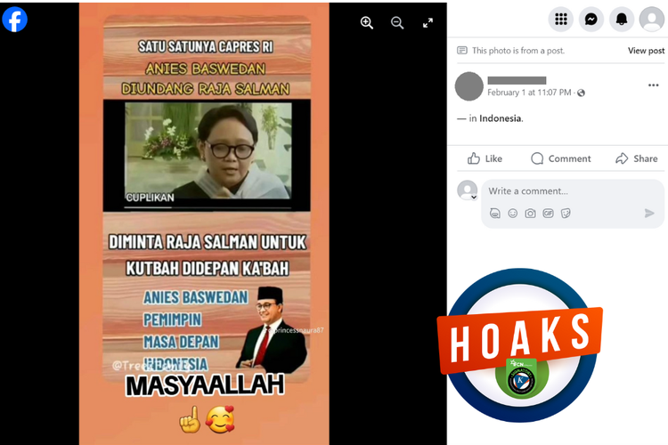 Tangkapan layar konten hoaks di sebuah akun Facebook, 1 Februari 2024, soal Anies satu-satunya capres yang diundang Raja Arab Saudi.