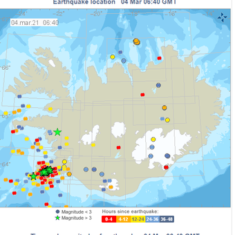 Turbulensi dan aktivitas seismik di Islandia pada Kamis (4/3/2021) menurut Icelandic Meteorological Office.
