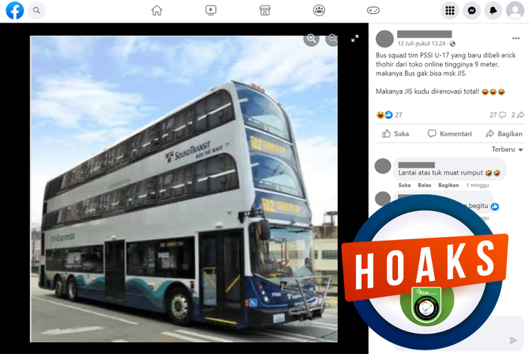 Tangkapan layar unggahan dengan narasi hoaks di sebuah akun Facebook, 12 Juli 2023, soal foto bus tiga lantai milik PSSI untuk Timnas U-17.