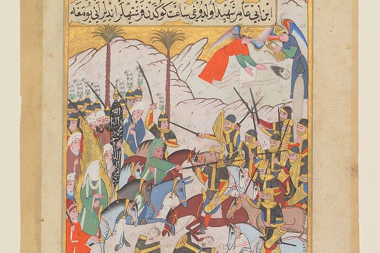 Ilustrasi malaikat membasuh tubuh Hanzhalah yang gugur dalam Perang Uhud (625).