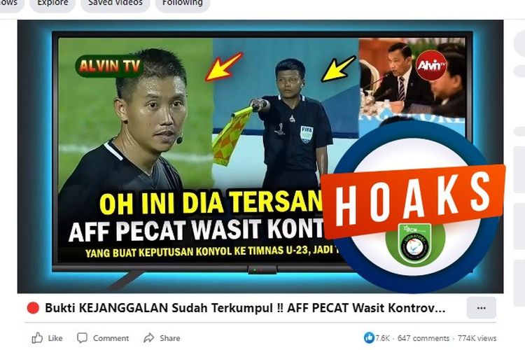 Tangkapan layar Facebook narasi yang menyebut wasit laga Indonesia melawan Timor Leste di Piala AFF U-23 2023 dipecat