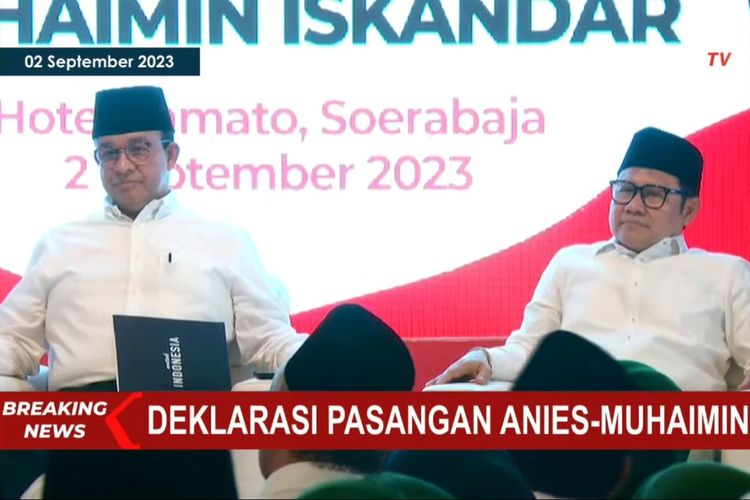 Anies Baswedan dan Muhaimin Iskandar resmi mendeklarasikan diri sebagai bakal calon presiden (capres) dan bakal calon wakil presiden (cawapres) Pemilu 2024, Sabtu (2/9/2023). Deklarasi digelar di Hotel Majapahit, Surabaya, Jawa Timur.