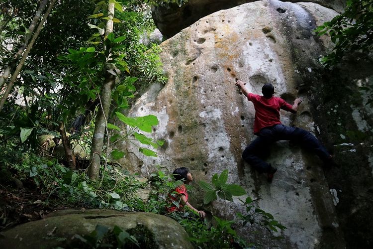 Anggota organisasi Mahasiswa Pencinta Alam Universitas Indonesia (Mapala UI) sedang memanjat tebing dengan teknik bouldering di Gunung Bongkok, Desa Sukamulya, Kecamatan Tegal Waru, Kabupaten Purwakarta, Jawa Barat, Minggu (14/4/2019). Gunung Bongkok merupakan salah satu destinasi wisata di Purwakarta yang dapat dikunjungi.