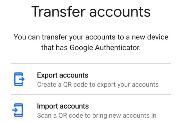 Opsi transfer data akun yang tersedia pada aplikasi Google Authenticator