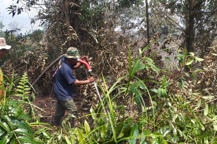 Relawan MPA, Riyanto, sedang memadamkan api karhutla bersama tim BPBD di Jalan Riau ujung, Kelurahan Air Hitam, Kecamatan Payung Sekaki, Kota Pekanbaru, Riau, Minggu (19/1/2020).