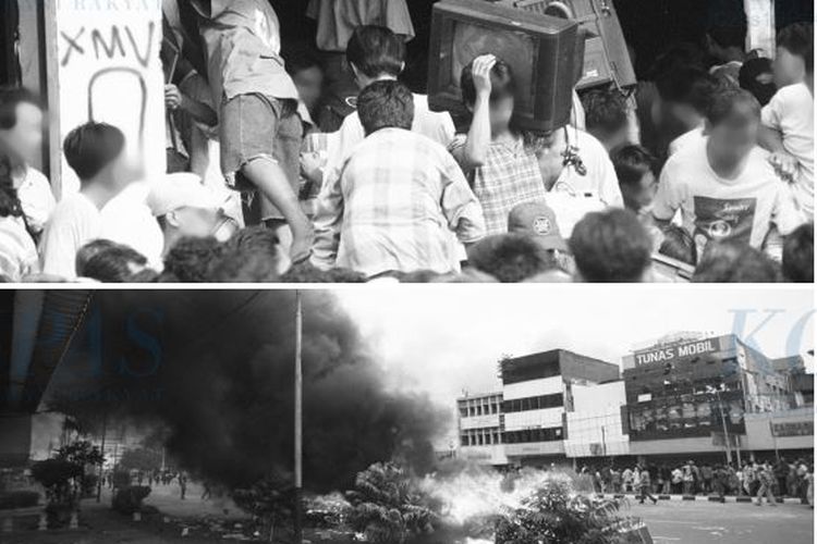 Penjarahan atas toko-toko seperti terlihat di Jalan Wahid Hasyim, Tanahabang, dan pembakaran seperti terjadi di Jalan Samanhudi, Pasar Ba ru, mewarnai kerusuhan massa di Jakarta, Kamis (14/5/1998).