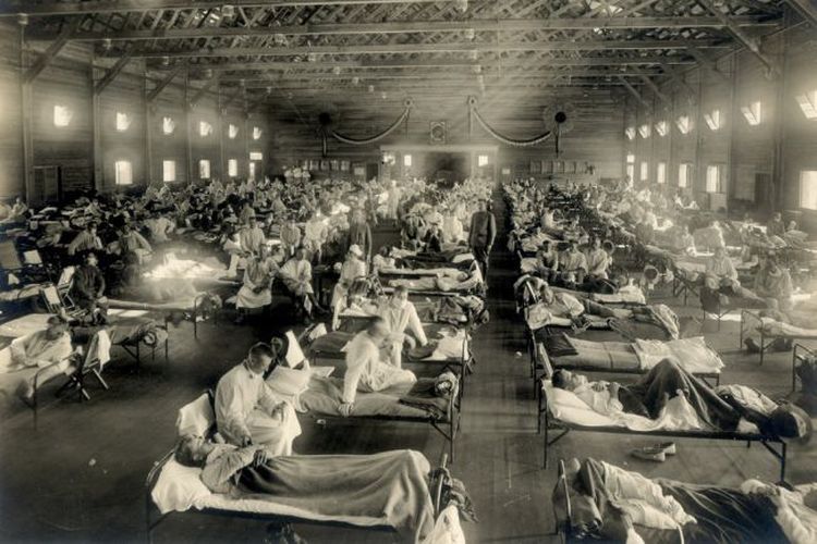 Barak yang diperuntukkan penderita flu Spanyol di Camp Funston, Kansas, 1918.
