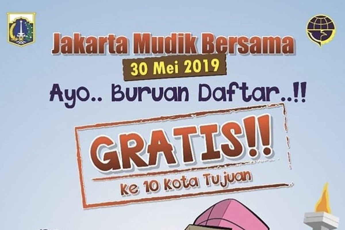 Pemprov DKI Jakarta melalui Dinas Perhubungan (Dishub) DKI Jakarta membuka pendaftaran program mudik gratis, Minggu (28/4/2019) mulai pukul 00.00 WIB. 