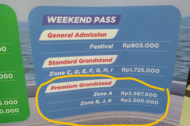 Pada Selasa (8/3/2022), sekitar pukul 15.00 WIB, tiket MotoGP Mandalika 2022 yang tersedia di Mandalika GP Hub, Epicentrum Rasuna Jakarta Selatan adalah tiket Premium Grandstand Zona J dan K seharga Rp 2.300.000 per lembar, 