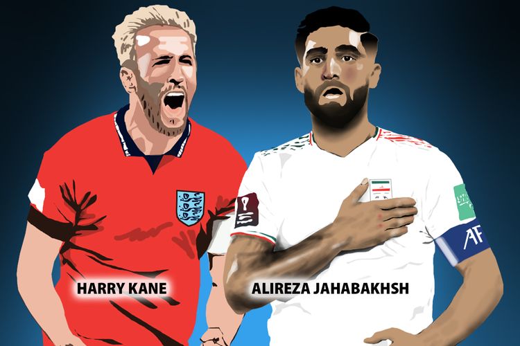Pemain Inggris Harry Kane (kiri) dan pemain Iran Alizera Jahabakhsh (kanan). Inggris dan Iran akan bertemu pada matchday pertama Grup B Piala Dunia 2022 Qatar, Senin (21/11/2022) pukul 20.00 WIB. Link live streaming Inggris vs Iran tersedia di akhir artikel ini.