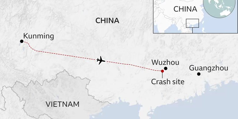 Denah lokasi kecelakaan pesawat China Eastern jatuh. Sumber: FlightRadar24