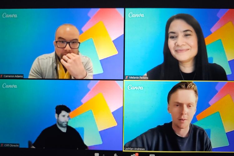 Tangkapan layar trio pendiri Canva, yakni Cameron Adams, Melanie Perkins, dan Cliff Obrecht dalam konferensi pers virtual, Selasa (4/10/2023). 