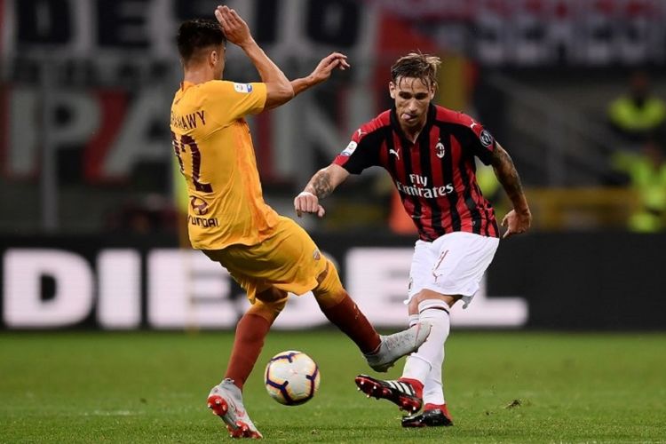 Stephan El Shaarawy menahan tembakan Lucas Biglia pada laga AC Milan vs AS Roma di San Siro, 31 Agustus 2018. 
