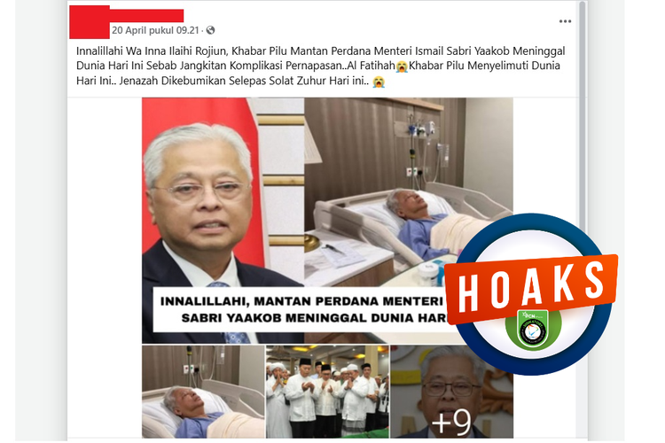 Tangkapan layar Facebook narasi yang mengeklaim mantan Perdana Menteri Malaysia Ismail Sabri Yaakob meninggal